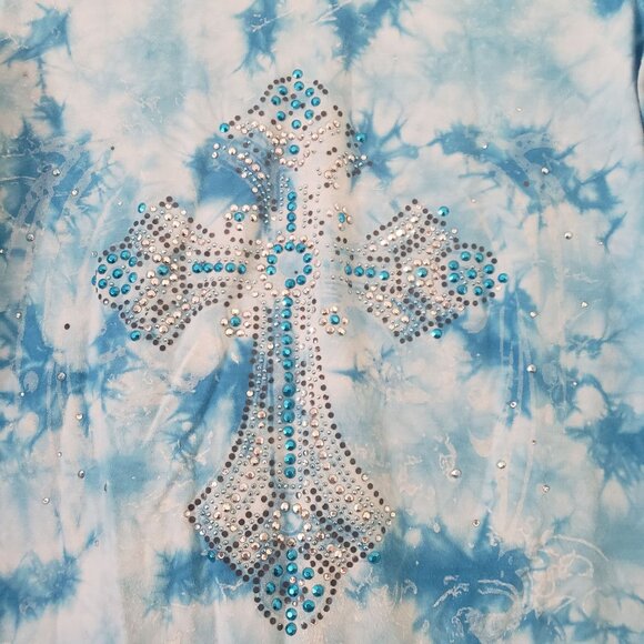 Reba Womens Blue Tie Dye Rhinestone Cross Shirt Size S Y2K Country Baddie Grunge - Picture 3 of 8